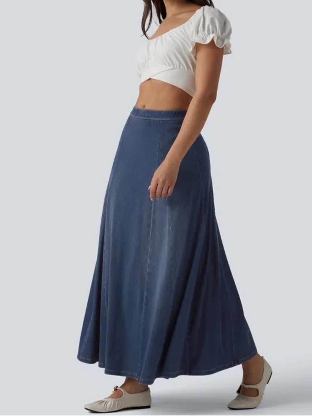 NWT HALARA FLEX Flowy Maxi Skirt in Medium Dark Wash XL